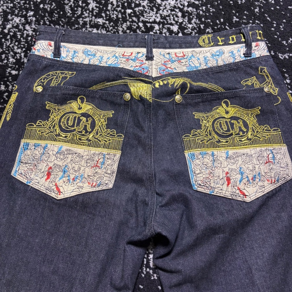 Crown Holder Mens Y2K Raw Indigo Embroidered Wide Leg Streetwear Jeans Size 36